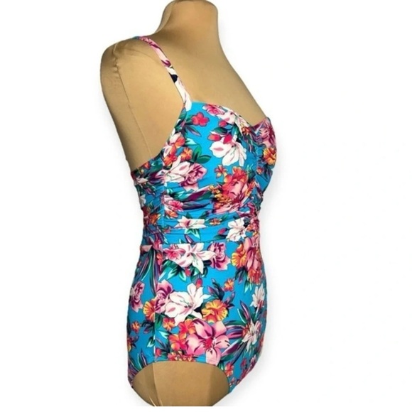 Lands End size 12 turquoise palm lily slimming one piece retro swimming suit - Picture 3 of 7